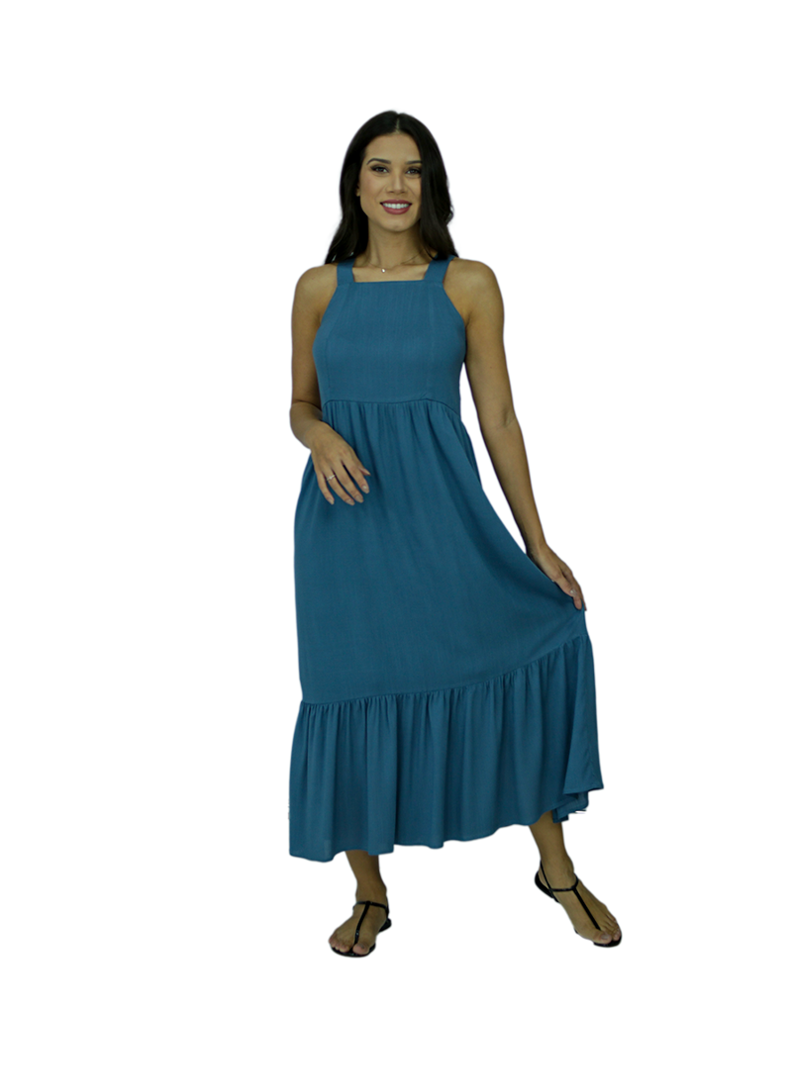 VESTIDO ADULTO QUADRADO MIDI AZUL PETROLEO 
