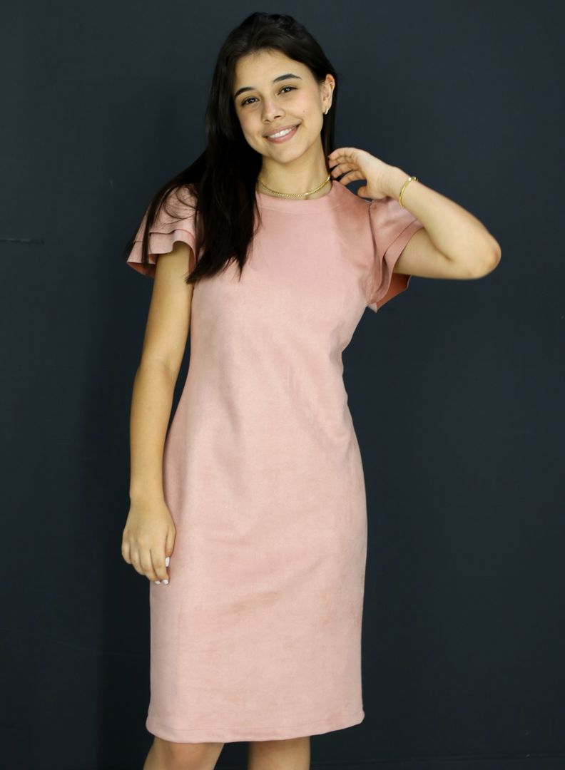 VESTIDO JUSTO MANGA DUPLA GODÊ ROSA SALMON CLARO